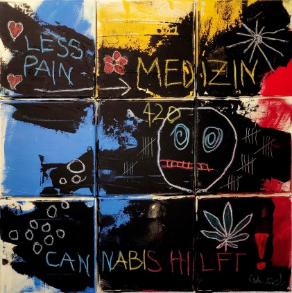 A painting divided in nine squares saying "Less pain", "medicine", "cannabis helps" in German