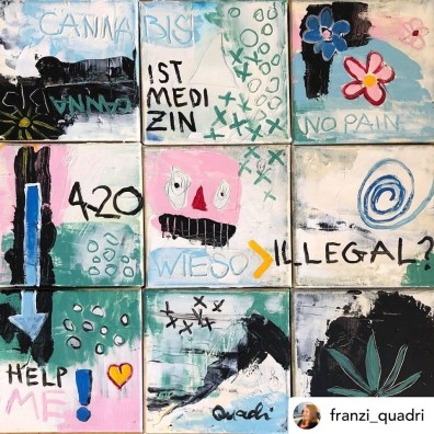 Painting diveded in nine squares with the question in German: Cannabis why illegal?
